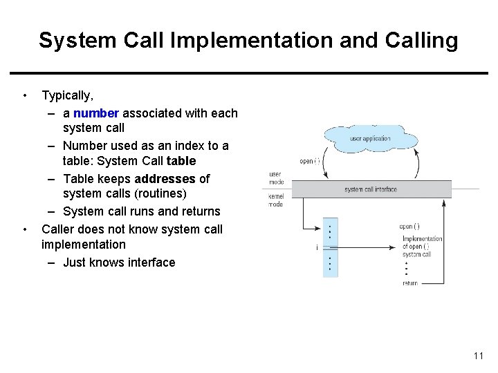 System Call Implementation and Calling • • Typically, – a number associated with each