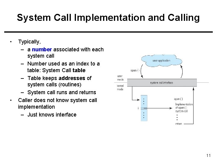 System Call Implementation and Calling • • Typically, – a number associated with each System Call Implementation and Calling • • Typically, – a number associated with each