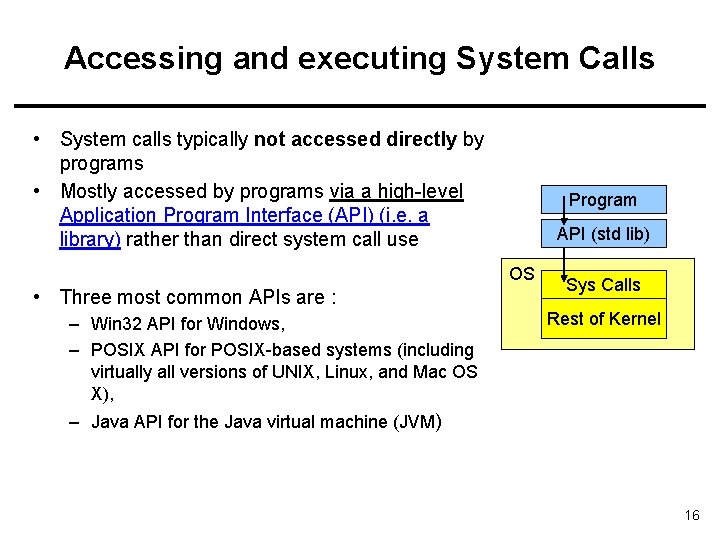 Accessing and executing System Calls • System calls typically not accessed directly by programs