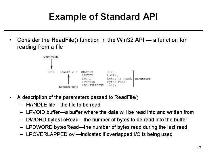 Example of Standard API • Consider the Read. File() function in the Win 32 Example of Standard API • Consider the Read. File() function in the Win 32