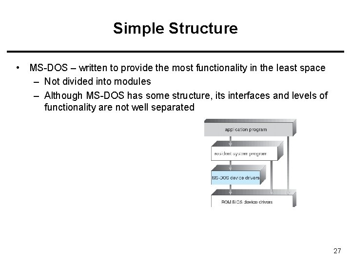 Simple Structure • MS-DOS – written to provide the most functionality in the least Simple Structure • MS-DOS – written to provide the most functionality in the least