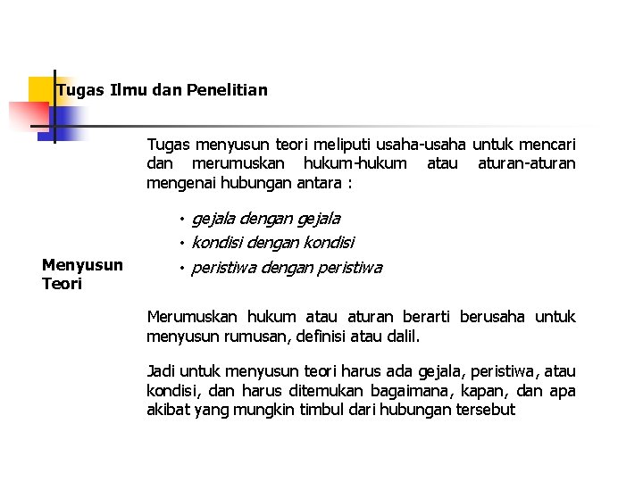 Tugas Ilmu dan Penelitian Tugas menyusun teori meliputi usaha-usaha untuk mencari dan merumuskan hukum-hukum