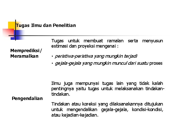 Tugas Ilmu dan Penelitian Memprediksi/ Meramalkan Pengendalian Tugas untuk membuat ramalan serta menyusun estimasi