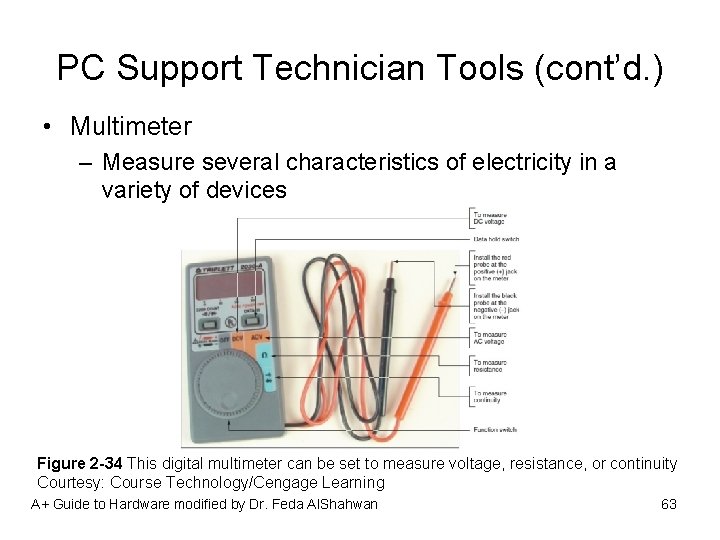 PC Support Technician Tools (cont’d. ) • Multimeter – Measure several characteristics of electricity