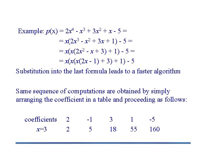 Horner’s Rule Example: p(x) = 2 x 4 - x 3 + 3 x