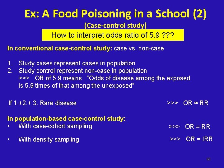 Ex: A Food Poisoning in a School (2) (Case-control study) How to interpret odds