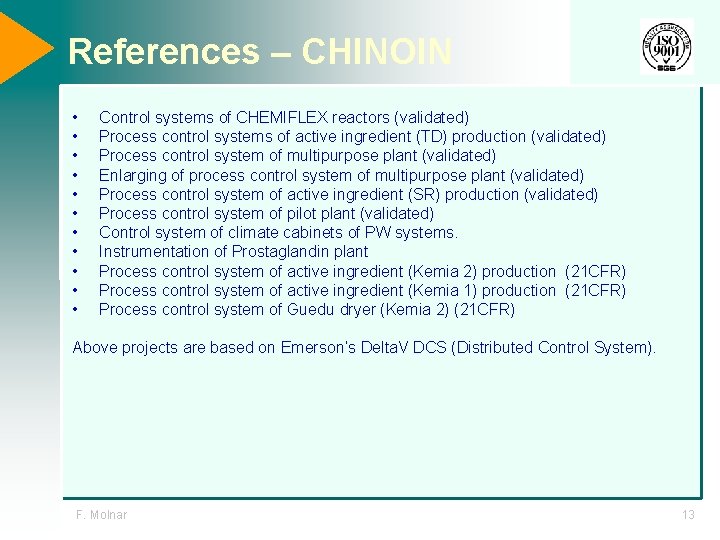References – CHINOIN • • • Control systems of CHEMIFLEX reactors (validated) Process control