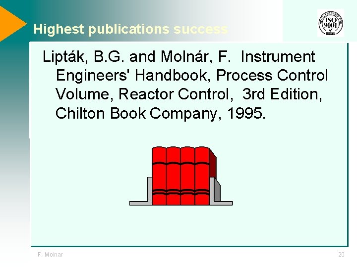 Highest publications success Lipták, B. G. and Molnár, F. Instrument Engineers' Handbook, Process Control