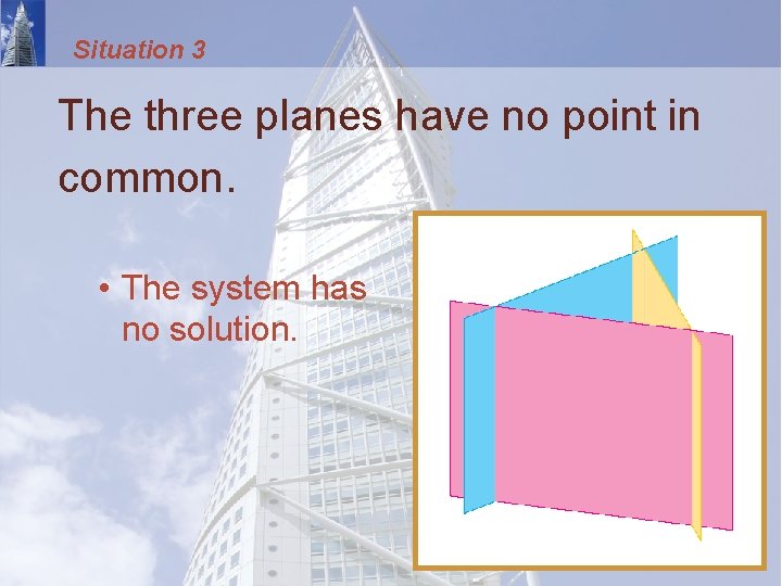 Situation 3 The three planes have no point in common. • The system has
