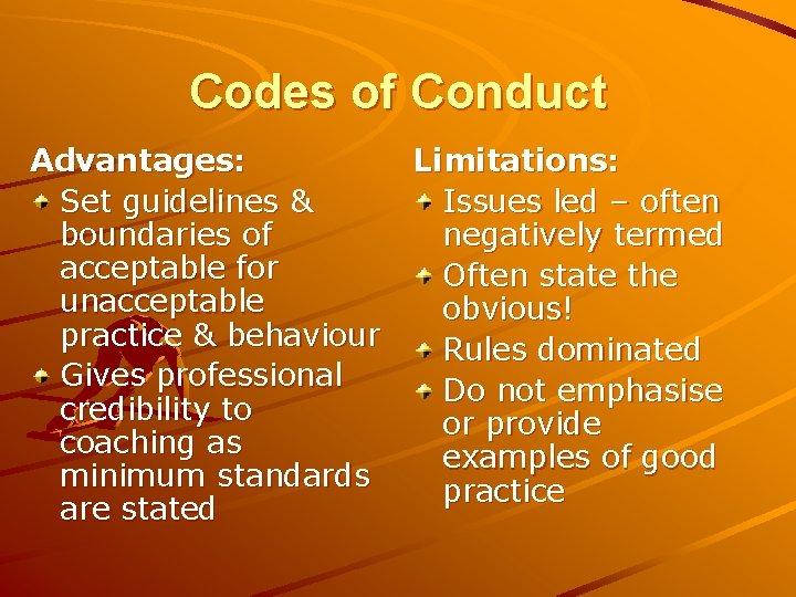 Codes of Conduct Advantages: Limitations: Set guidelines & Issues led – often boundaries of