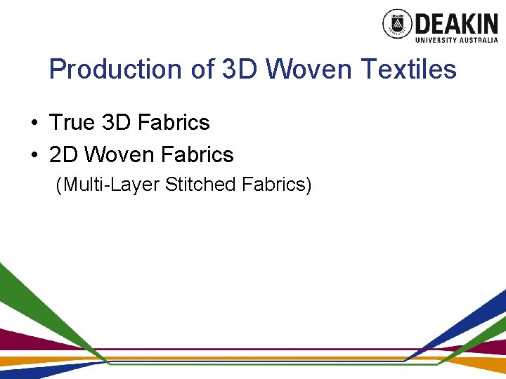 Production of 3 D Woven Textiles • True 3 D Fabrics • 2 D
