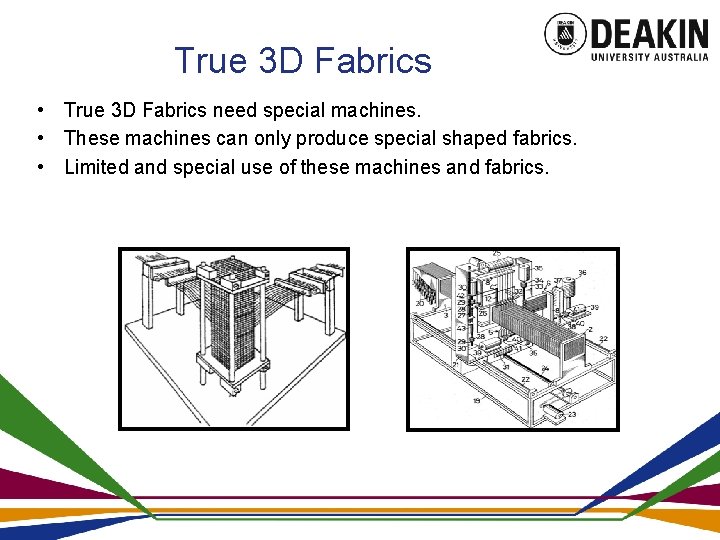 True 3 D Fabrics • True 3 D Fabrics need special machines. • These