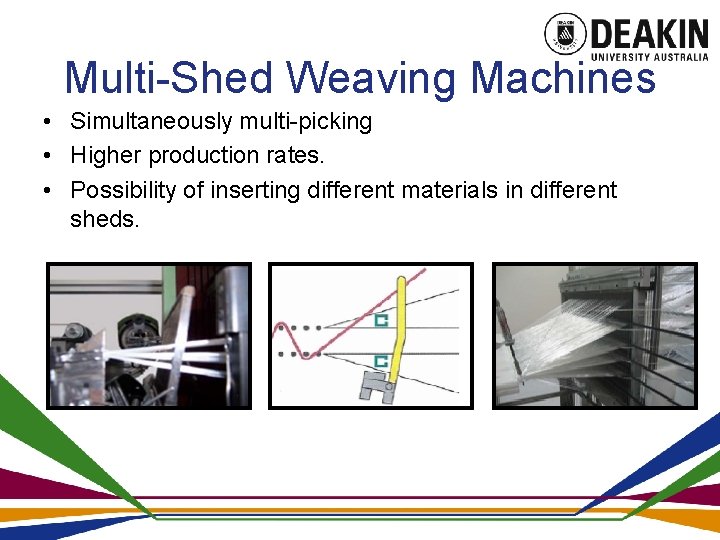 Multi-Shed Weaving Machines • Simultaneously multi-picking • Higher production rates. • Possibility of inserting