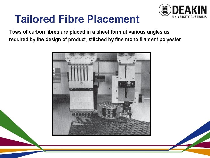 Tailored Fibre Placement Tows of carbon fibres are placed in a sheet form at