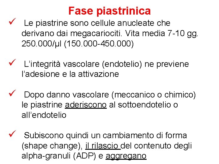 Fase piastrinica ü Le piastrine sono cellule anucleate che derivano dai megacariociti. Vita media