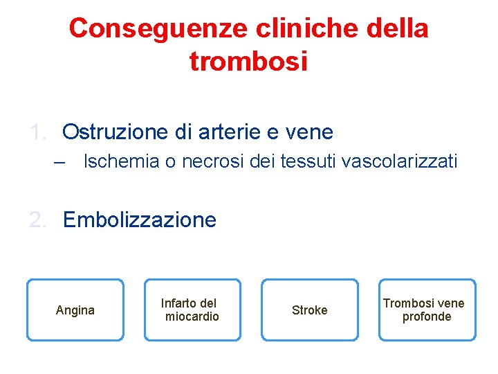 Conseguenze cliniche della trombosi 1. Ostruzione di arterie e vene – Ischemia o necrosi