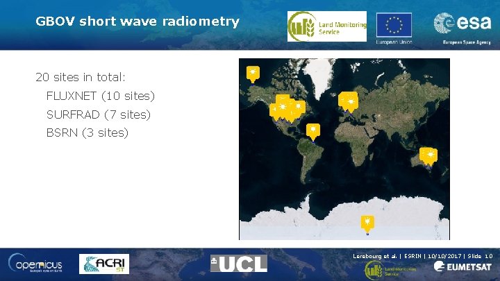 GBOV short wave radiometry 20 sites in total: FLUXNET (10 sites) SURFRAD (7 sites)