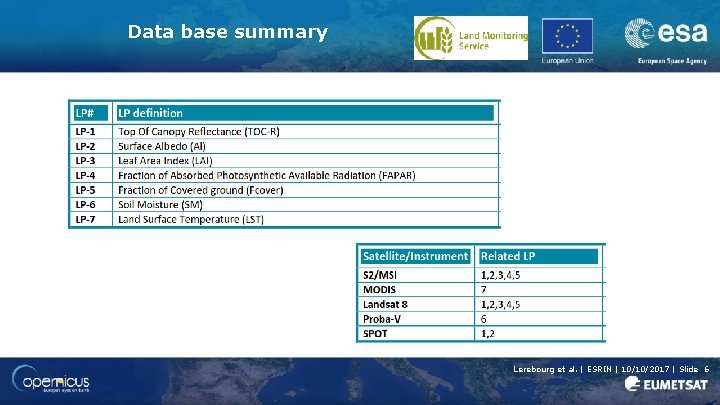 Data base summary Lerebourg et al. | ESRIN | 10/10/2017 | Slide 6 