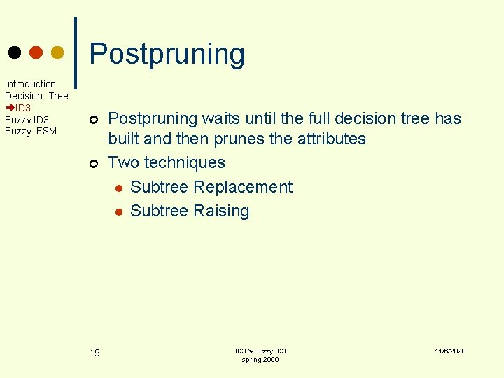 Postpruning Introduction Decision Tree ID 3 Fuzzy FSM ¢ ¢ 19 Postpruning waits until