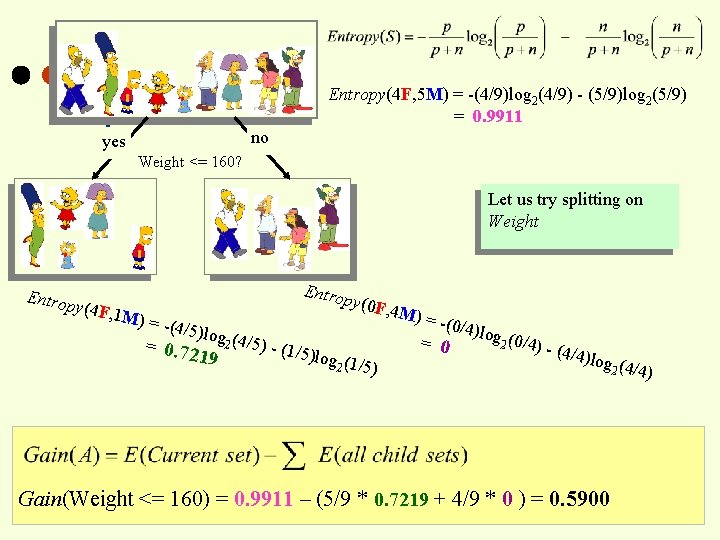 Entropy(4 F, 5 M) = -(4/9)log 2(4/9) - (5/9)log 2(5/9) = 0. 9911 no