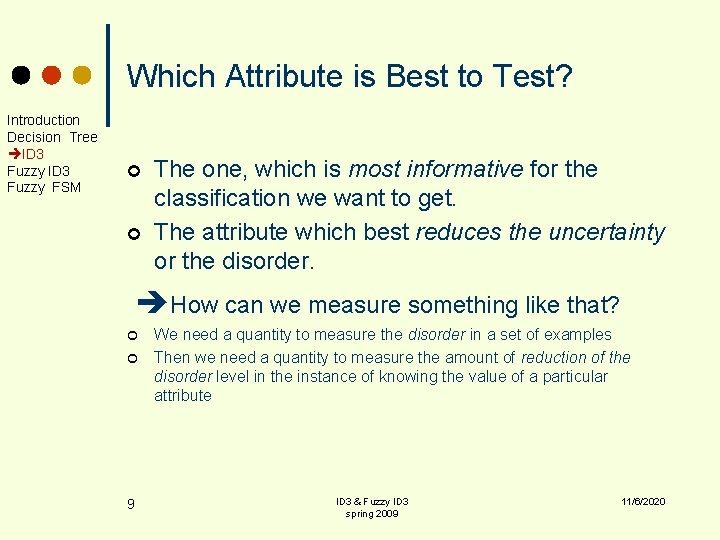 Which Attribute is Best to Test? Introduction Decision Tree ID 3 Fuzzy FSM ¢