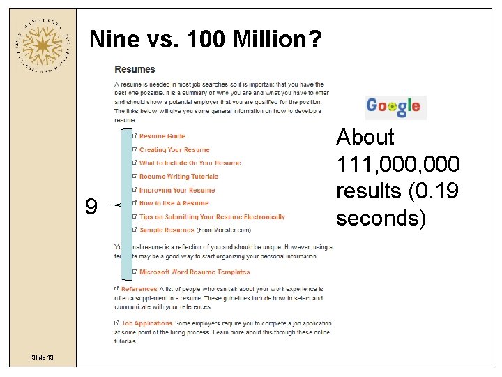 Nine vs. 100 Million? 9 Slide 13 About 111, 000 results (0. 19 seconds)