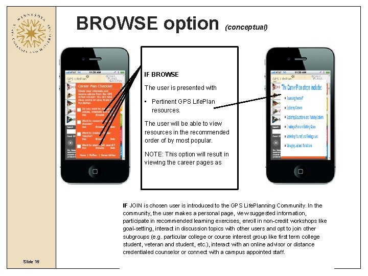 BROWSE option (conceptual) IF BROWSE The user is presented with • Pertinent GPS Life.