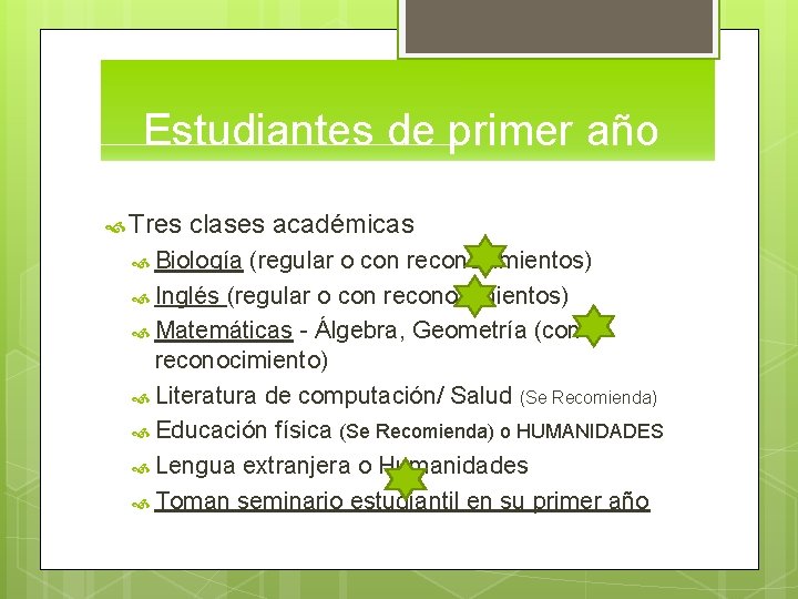 Estudiantes de primer año Tres clases académicas Biología (regular o con reconocimientos) Inglés (regular