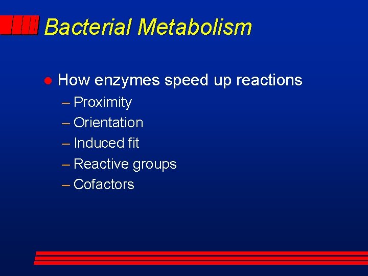 Bacterial Metabolism l How enzymes speed up reactions – Proximity – Orientation – Induced