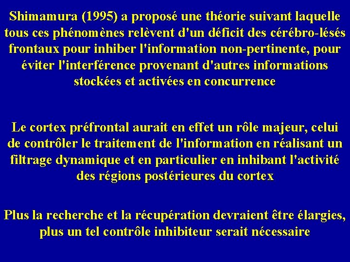 Shimamura (1995) a proposé une théorie suivant laquelle tous ces phénomènes relèvent d'un déficit