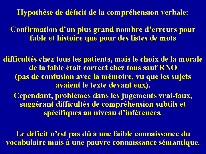 Hypothèse de déficit de la compréhension verbale: Confirmation d’un plus grand nombre d’erreurs pour