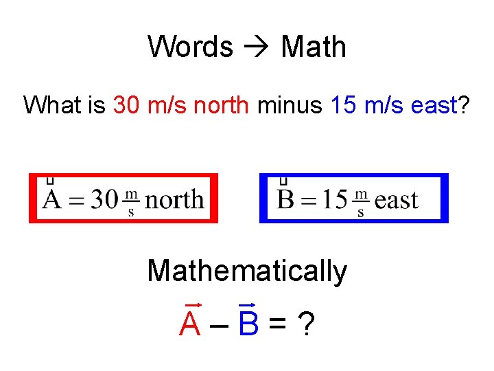Words Math What is 30 m/s north minus 15 m/s east? Mathematically A–B=? 