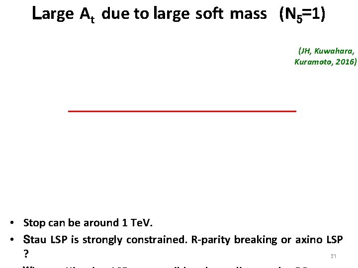 Large At due to large soft mass　(N 5=1) (JH, Kuwahara, Kuramoto, 2016) • Stop