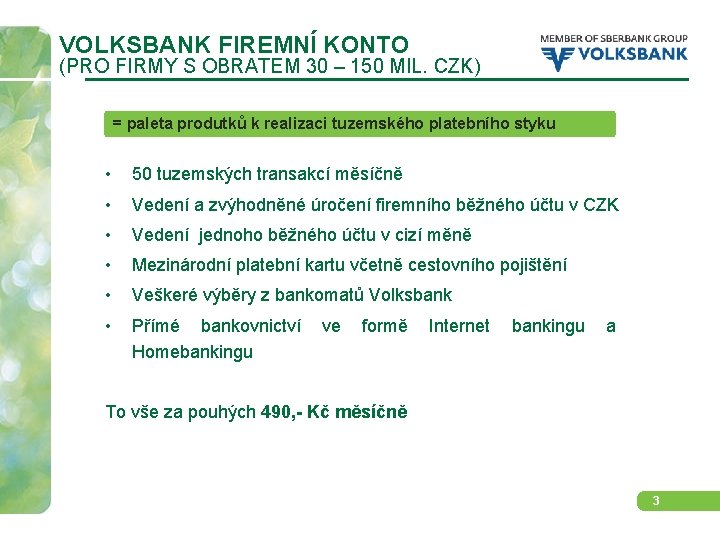 VOLKSBANK FIREMNÍ KONTO (PRO FIRMY S OBRATEM 30 – 150 MIL. CZK) = paleta