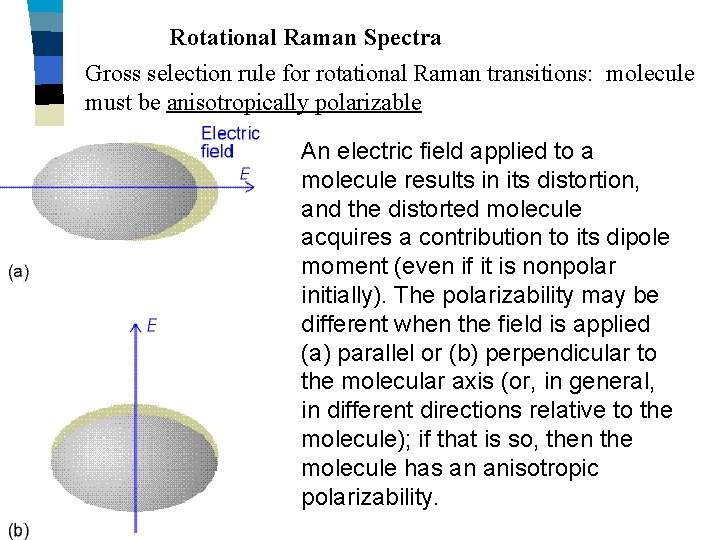 Rotational Raman Spectra Gross selection rule for rotational Raman transitions: molecule must be anisotropically