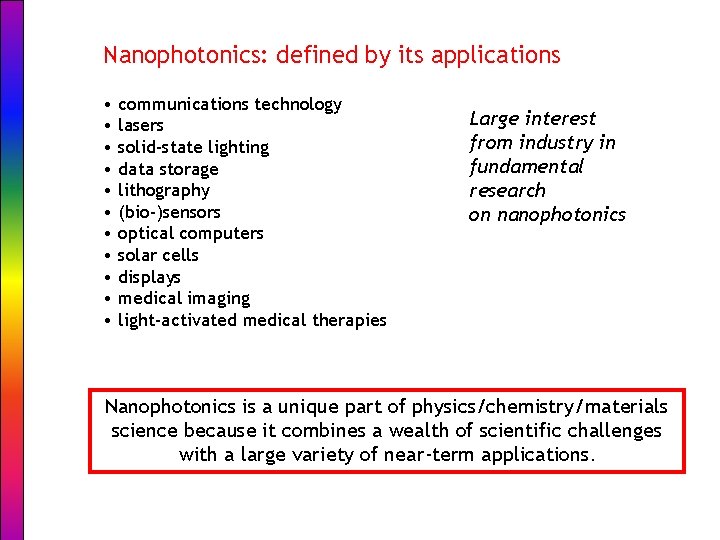 Nanophotonics: defined by its applications • communications technology • lasers • solid-state lighting •