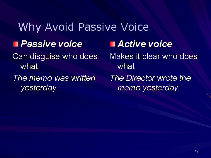 Why Avoid Passive Voice Passive voice Can disguise who does what: The memo was