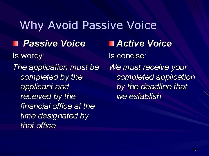 Why Avoid Passive Voice Is wordy: The application must be completed by the applicant