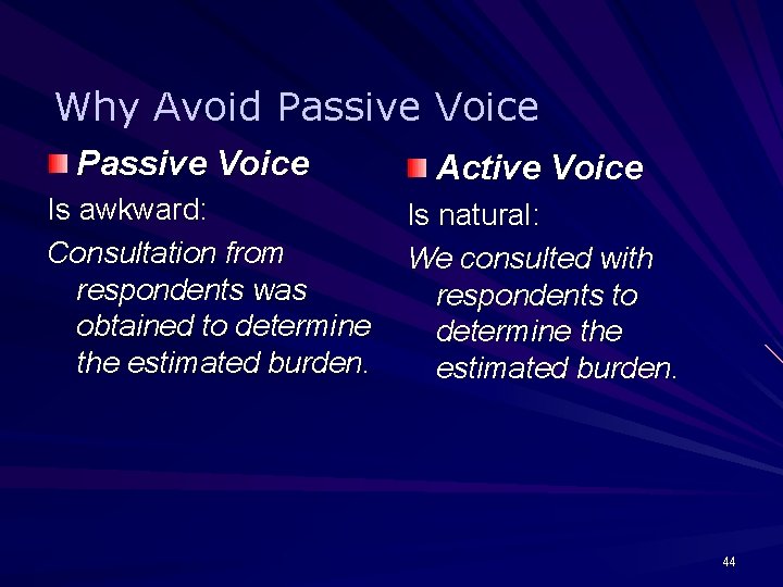 Why Avoid Passive Voice Is awkward: Consultation from respondents was obtained to determine the