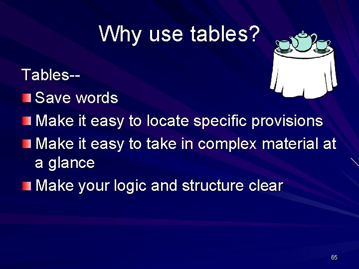 Why use tables? Tables-Save words Make it easy to locate specific provisions Make it