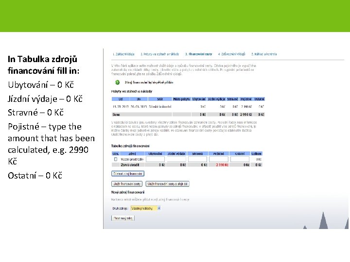 In Tabulka zdrojů financování fill in: Ubytování – 0 Kč Jízdní výdaje – 0