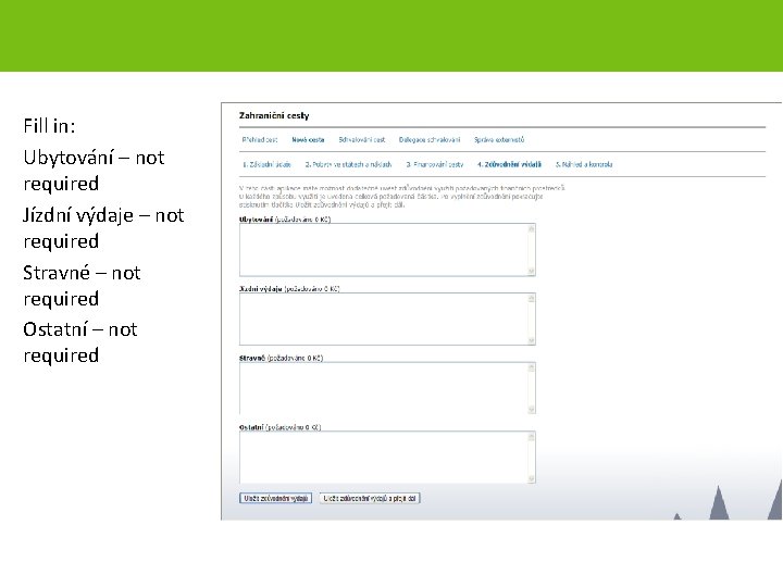 Fill in: Ubytování – not required Jízdní výdaje – not required Stravné – not