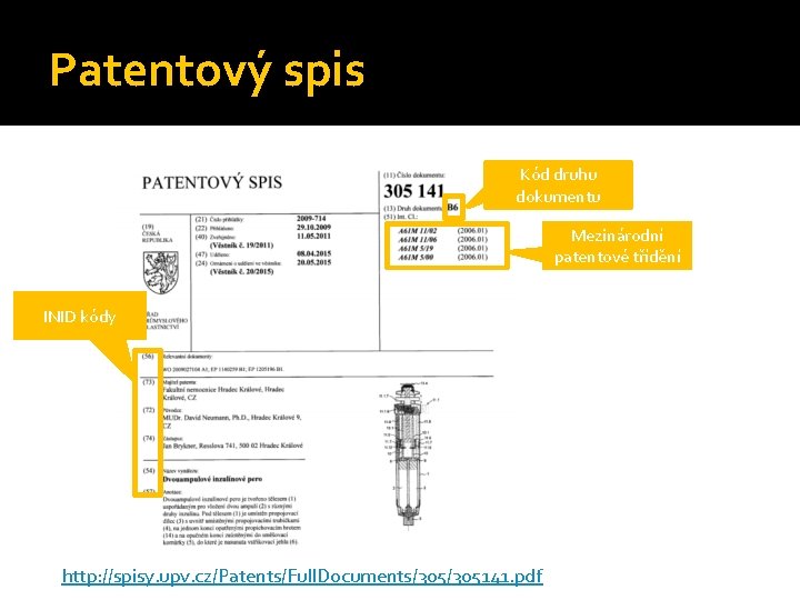 Patentový spis Kód druhu dokumentu Mezinárodní patentové třídění INID kódy http: //spisy. upv. cz/Patents/Full.