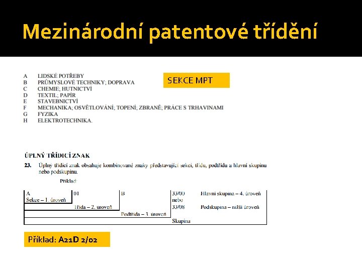 Mezinárodní patentové třídění SEKCE MPT Příklad: A 21 D 2/02 