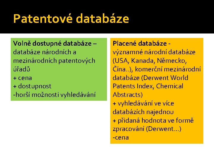 Patentové databáze Volně dostupné databáze – databáze národních a mezinárodních patentových úřadů + cena