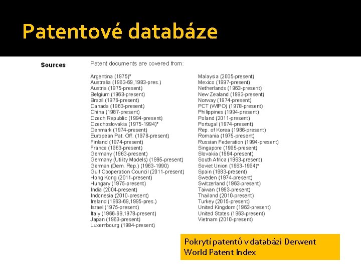 Patentové databáze Pokrytí patentů v databázi Derwent World Patent Index 