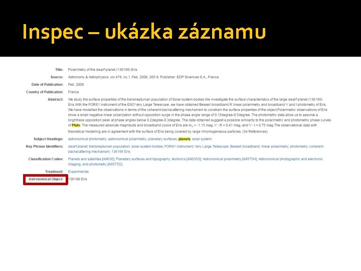 Inspec – ukázka záznamu 