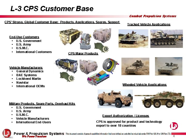 L-3 CPS Customer Base Combat Propulsion Systems CPS’ Strong, Global Customer Base: Products, Applications,