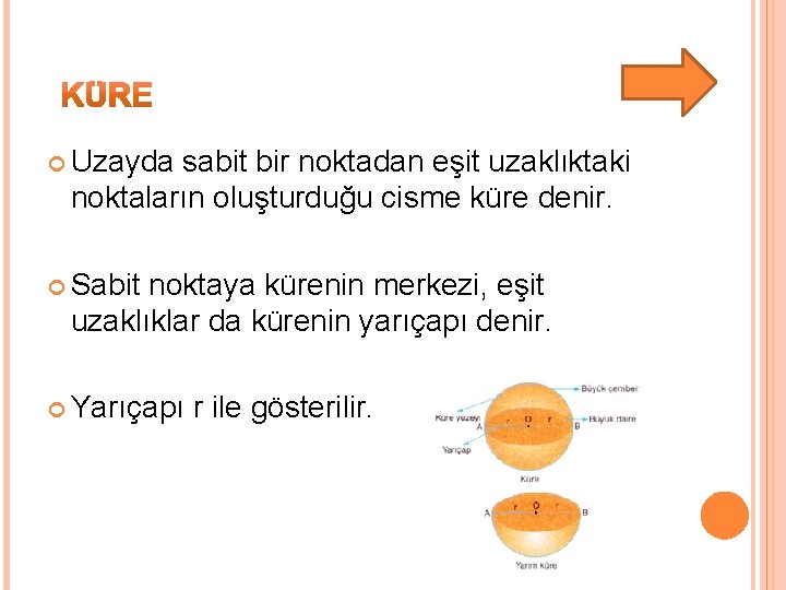  Uzayda sabit bir noktadan eşit uzaklıktaki noktaların oluşturduğu cisme küre denir. Sabit noktaya