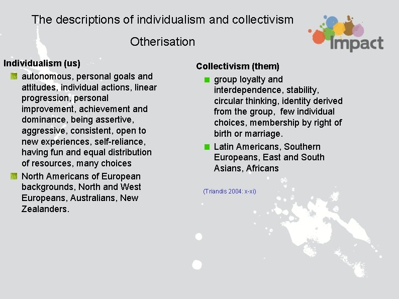 The descriptions of individualism and collectivism Otherisation Individualism (us) autonomous, personal goals and attitudes,